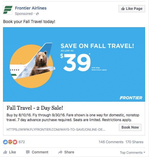 Call To Action Facebook จาก Frontier Airlines