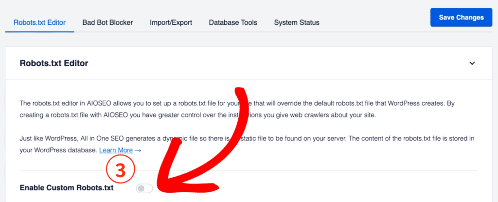 วิธีเขียนไฟล์ Robots.txt ด้วยปลั๊กอิน กด Activate ตรงที่เขียนว่า “Enable Custom Robots.txt” แล