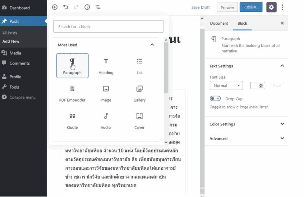 เรียนรู้เครื่องมือและการใช้งานของ-Block-Editor-การทำย่อหน้า