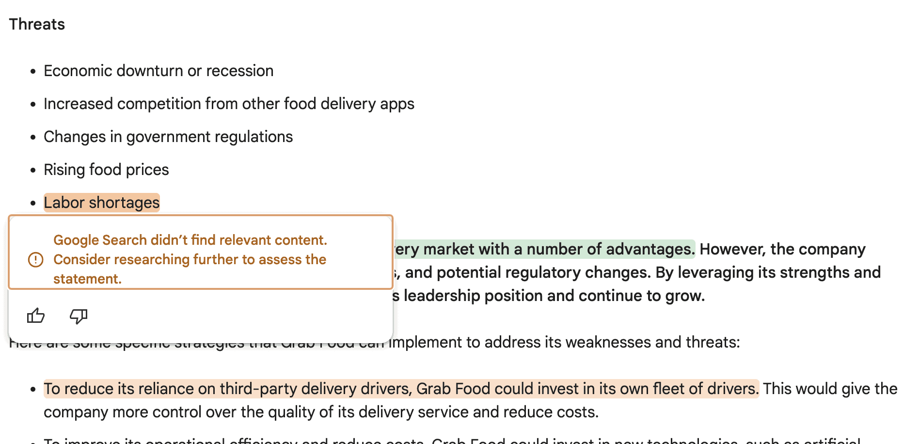 Double-check a response หาข้อมูลที่เกี่ยวข้องไม่เจอจะมีแถบสีส้ม